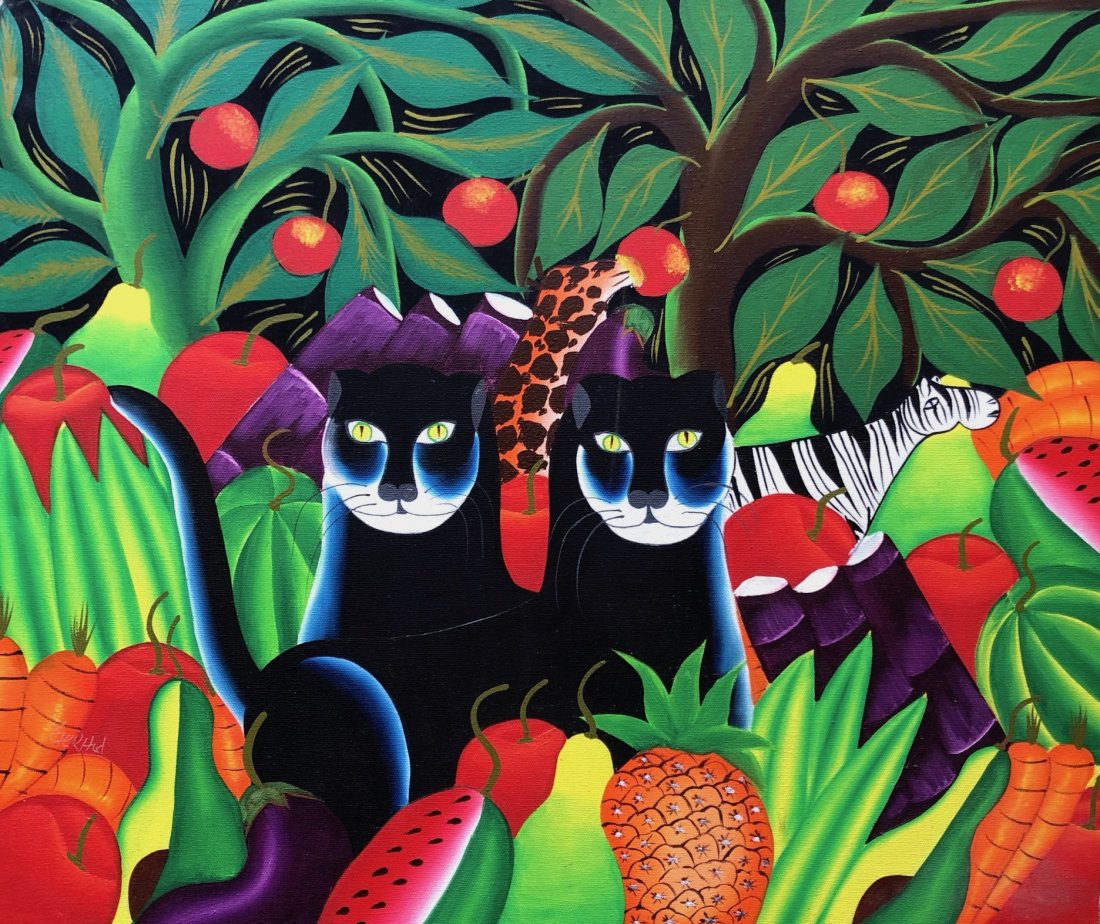 Colorful Naive Haitian Jungle Painting, Signed: Oil on canvas 24 x 20 in.