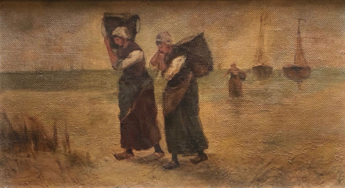 19th c Dutch Genre Beach Scene, Illegible Signature (1 of 4)