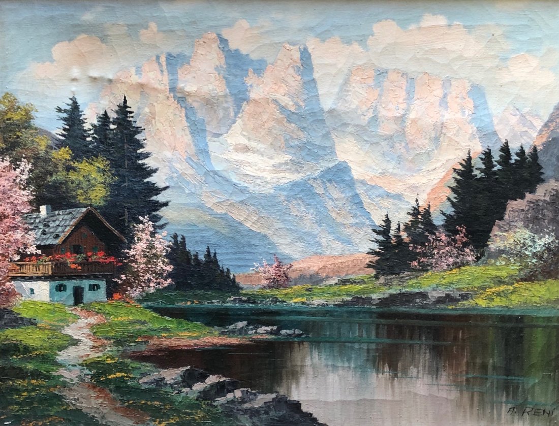 Early 20th c Impressionist Swiss Alps Scene Signed Reni (1 of 4)