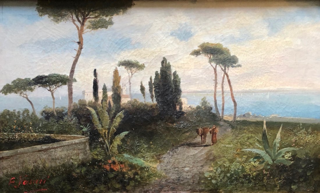 ANDREA VASARI (1873-1961, Italy) Amalfi Coastal Scene: Oil on canvas 27 x 16 1/2 in., 31 x 20 1/2 in. (framed)