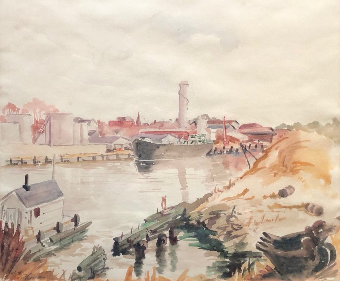 Impressionist Harbor Scene, Illegible Signture: Watercolor on paper 16 x 13 in. (sight), 21 1/4 x 18 3/4 in. (framed).