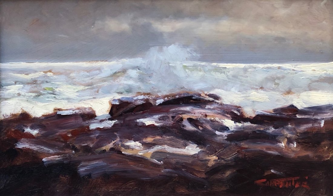 Impressionist Seascape Waves Crashing Signed Carpenter: Oil on masonite 16 x 10 in. 22 1/2 x 16 1/2 in. (framed)