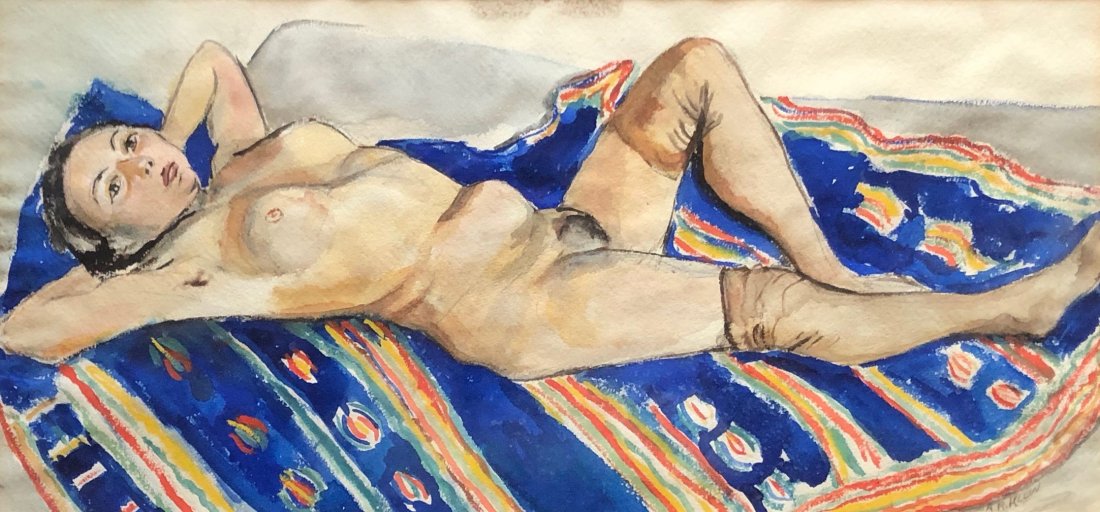 A.R KLEIN (20th c American) Mid-Century Reclining Nude: Watercolor on paper 19 1/4 x 9 1/4 in. (sight), 25 1/4 x 15 1/4 in. (framed)