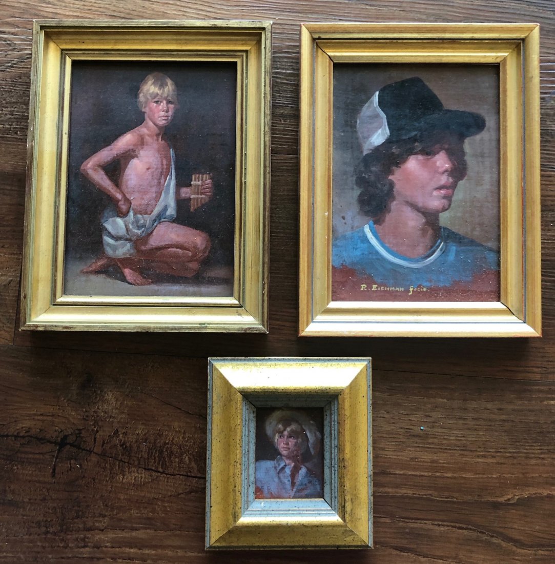P. RICHARD EICHMAN. (1941-2001 Maryland) Portraits: 5 x 4 1/2 in. (framed), 8 1/2 x 6 1/2 in. (framed). Oil on masonite. Union Bridge, Carroll County, MD artist