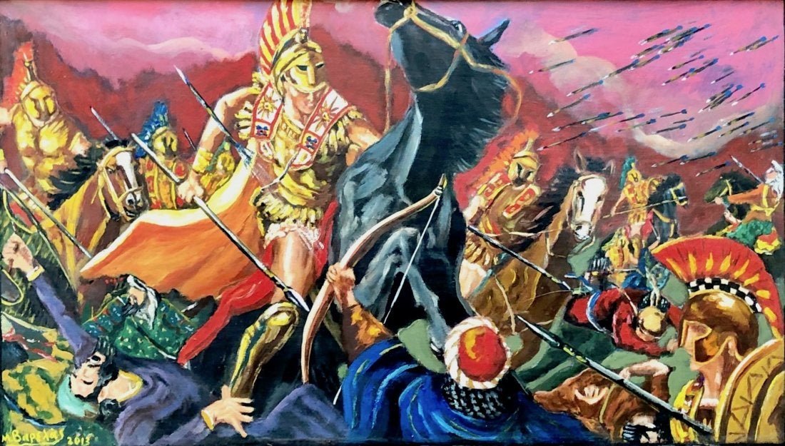 MARIOS VARELAS (b. 1970, Greece) Great Alexander: Oil on wood. 25 1/2 x 15 in. (sight). 32 x 27 (frame). Framed and painted on an old wood cabinet panel. Greek battle scene featuring Alexander the Great.