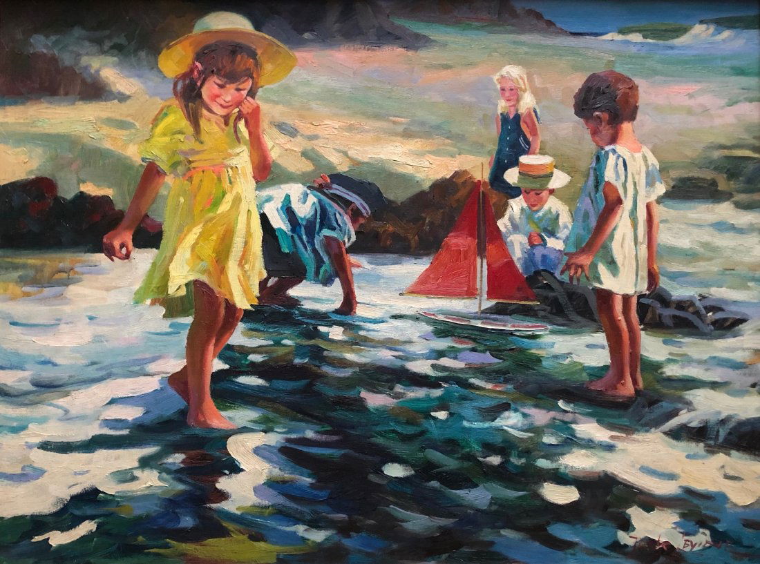 Large Painting Of Children Playing On The Beach, Signed (1 of 5)