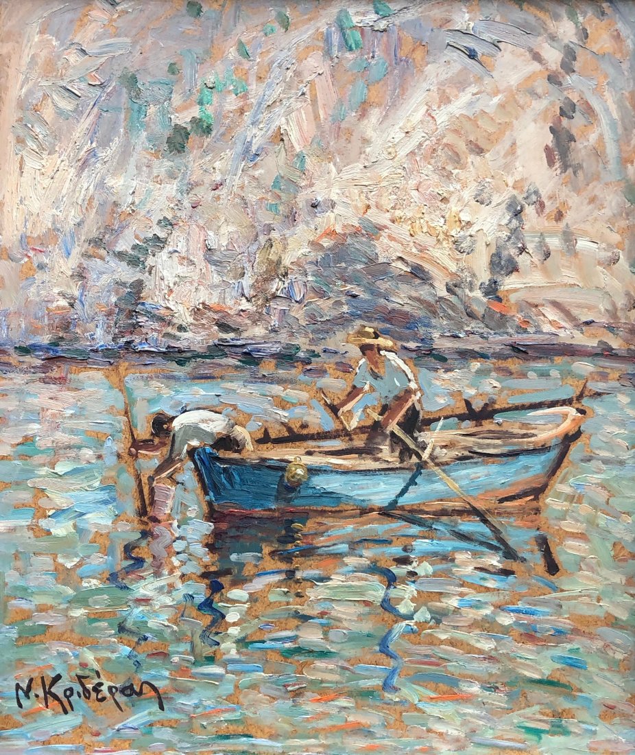 NIKOS KRIDERAS (b. 1933, Greece) Fisherman At Sea: Impressionist. Oil on masonite 15 1/2 x 13 1/2 in., 21 1/2 x 19 1/2 in. (framed). He was born in Mytilini. At 15 years, lured a morning by the tide of color configurations while he was looking a fishe