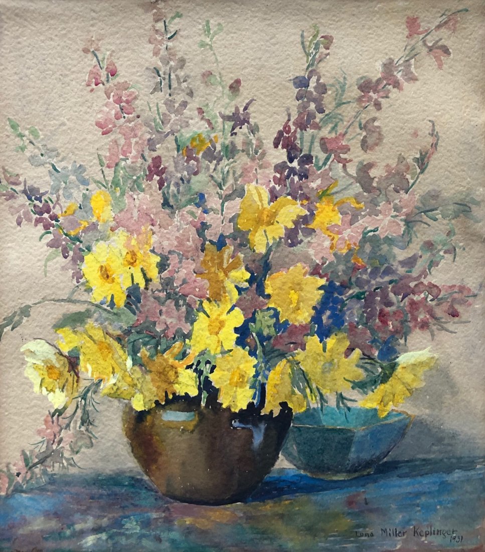 LONA KEPLINGER (1876-1956, Maryland WPA) Still Life: WPA era work, dated 1931. Born in Marion County, Indiana. Died in Bethesda, MD. Watercolor on paper 14 x 12 1/2 in. (sight), 20 3/4 x 19 1/4 in. (framed).