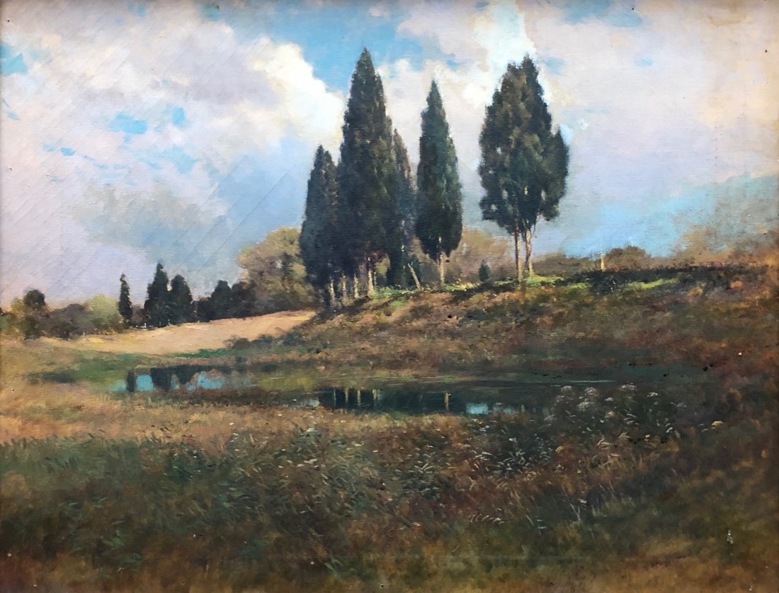 DE LANCEY GILL (1859-1940 South Carolina) Impressionist: Oil on canvas 30 x 24 in., 32 1/4 x 26 1/4 in. (framed). Unsigned. Purchased direct from the artist estate and comes with a COA directly from his grandson. Born in Camden, South Carolina, Delancey Gil