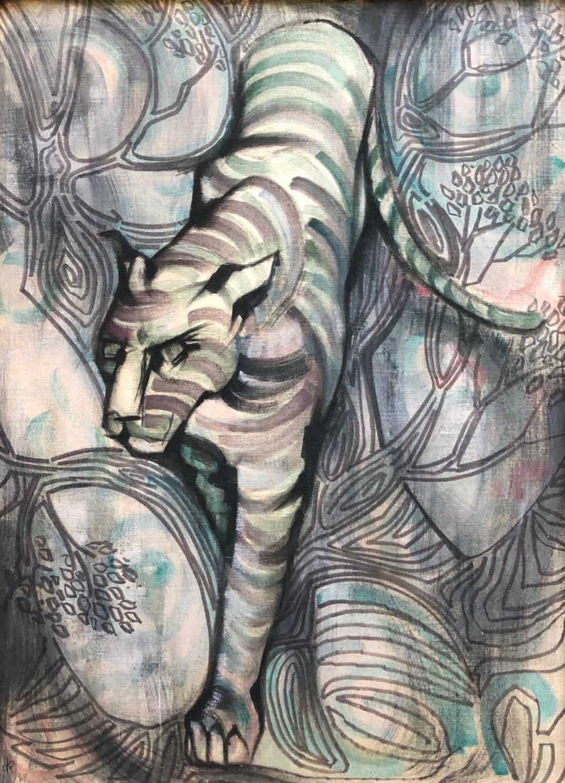 Modernist Jaguar In The Jungle, Monogrammed 1967: Mixed media. Marker and waertcolor on board 44 x 32 in.
