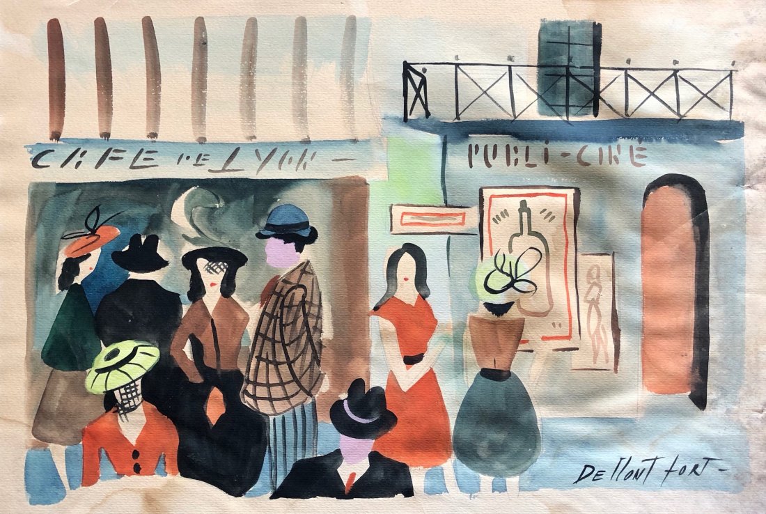 CHARLES DE MONTFORT (b. 1910, French) Paris Cafe: Watercolor on paper 22 x 15 in.