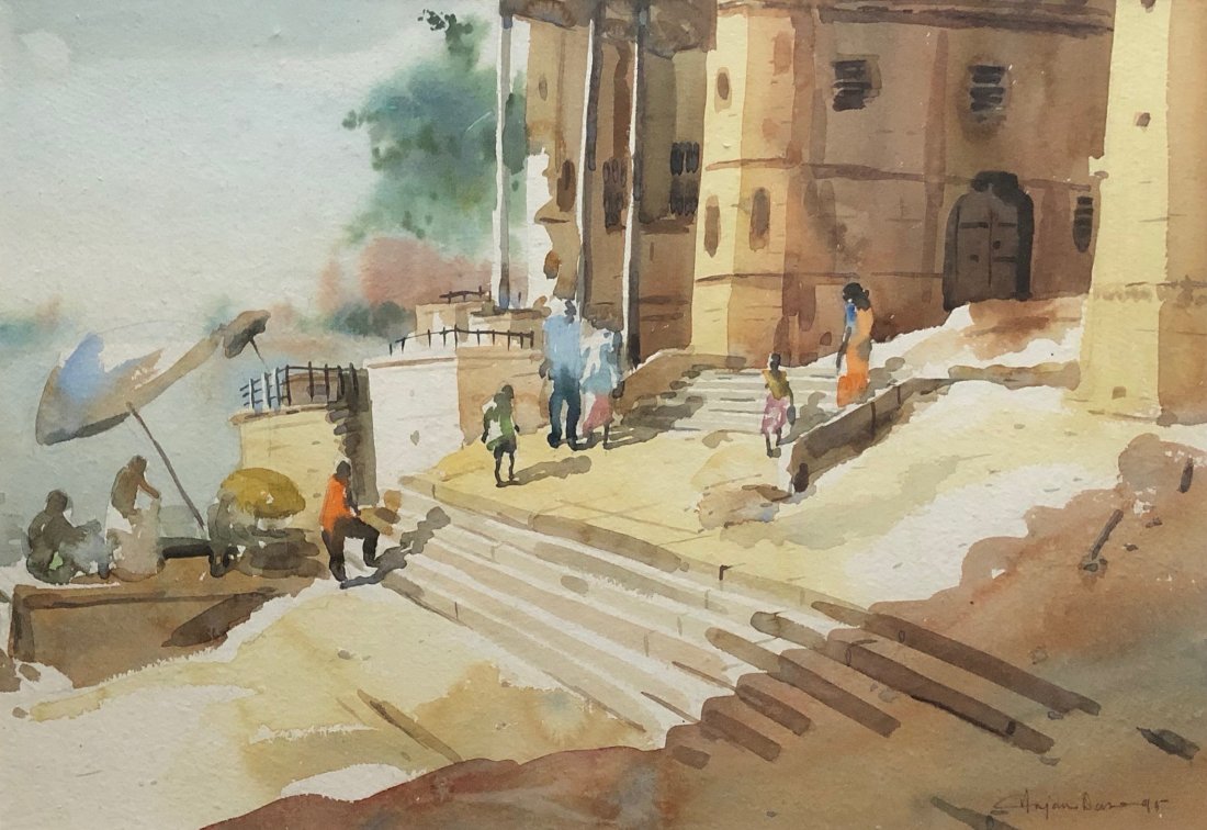 ANJAN DAS (20th c, India) Street Scene: Watercolor on paper. Very nicely framed 28 1/2 x 20 in., 37 x 29 1/4 in. (framed)