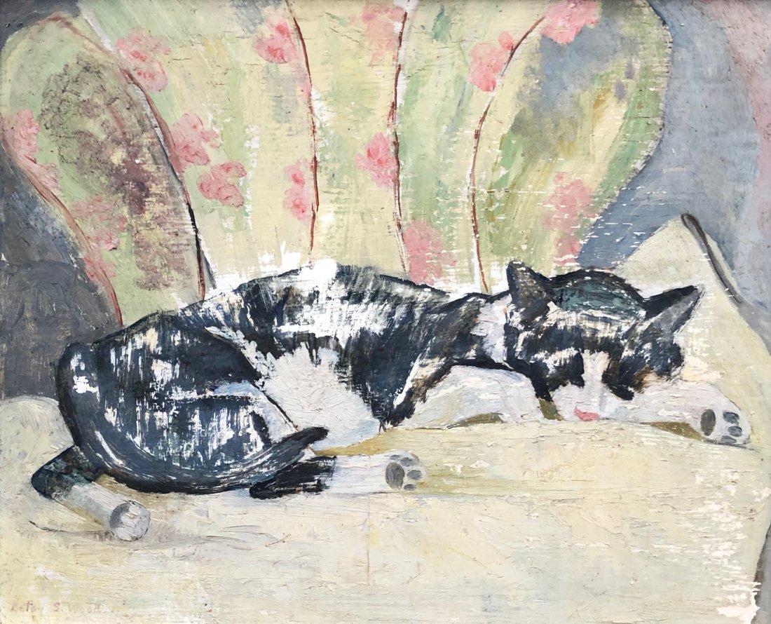 20th Century Painting Of A Sleeping Cat, Signed: Looks 1940's or 1950's. Oil on masonite 22 x 18 in., 26 1/2 x 22 1/2 in. (framed)