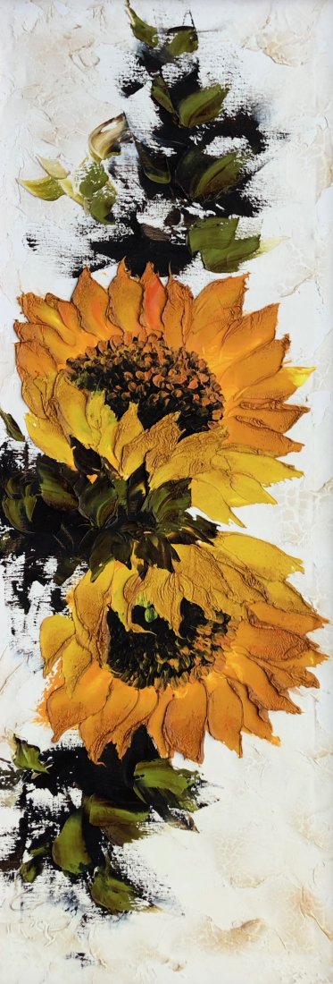 Mid-Century Painting Of Sunflowers Illegible Signature: Oil on canvas 52 x 19 in., 52 3/4 x 19 3/4 in. (framed). Palette knife painting. Signed lower left corner