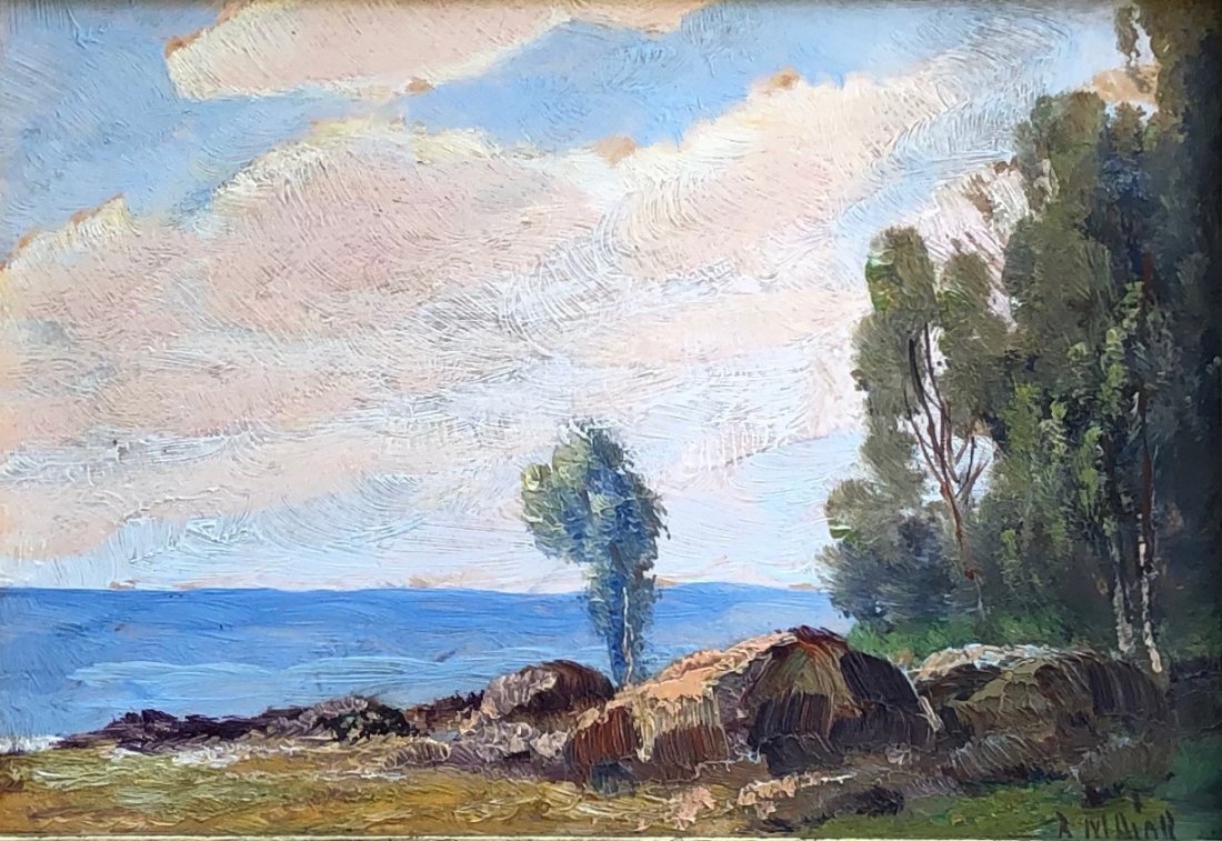 BORIS B. MAJOR (1876-1951, Russia) Impressionist: Looks like a Pacific coast landscape. Oil on board 7 x 5 in., 10 1/2 x 8 1/2 in. (framed)