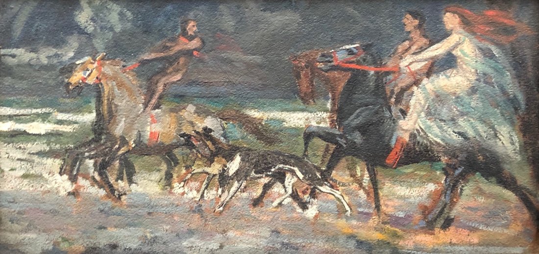 Impressionist Beach Scene, Horse Riding & Dogs Unsigned: Oil on board 20 x 10 in., 22 1/2 x 12 1/2 in. (framed). Exhibition tag number on the side. Unsigned