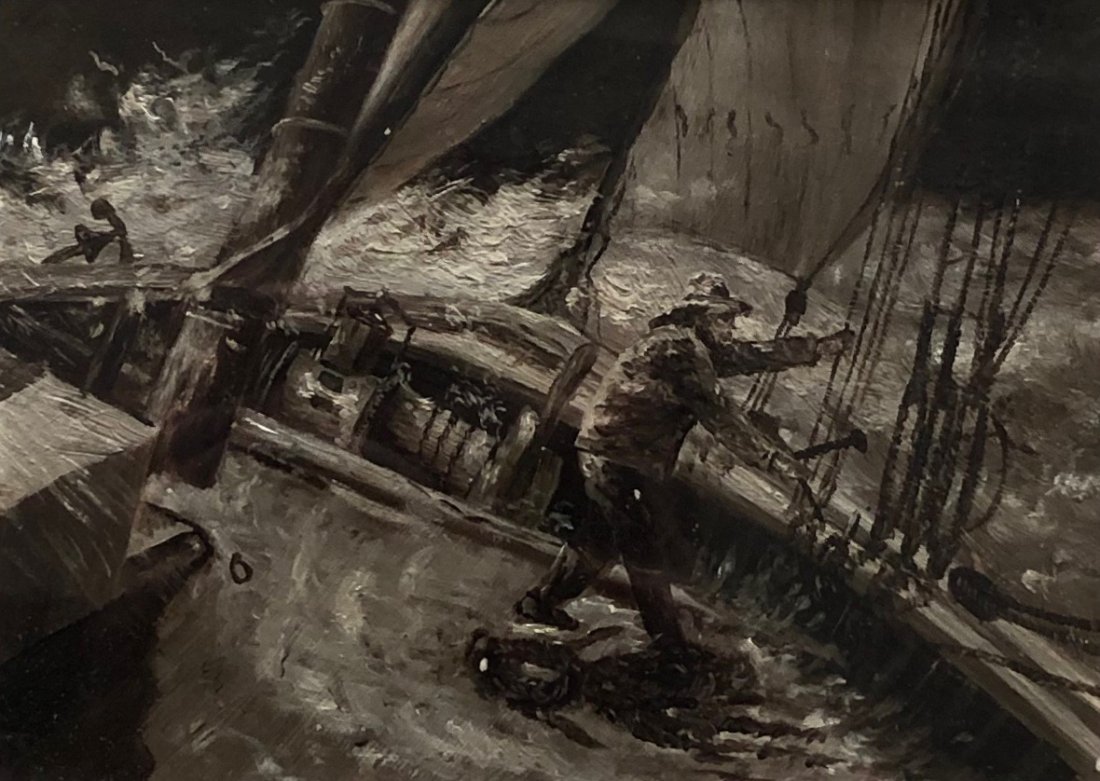 19th c Marine Scene, Storm At Sea, Provenance Verso: Could be illustration art. Oil on canvas 5 3/4 x 4 in., 13 x 11 in. (framed). A Heavy Storm. Unsigned. Inherited from the David B. Childs family of Boston.