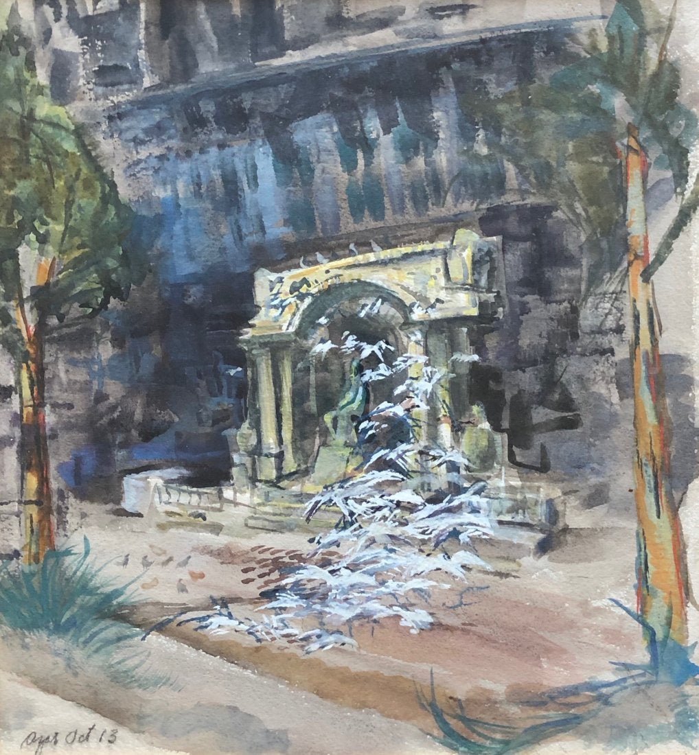 Impressionist European Architectural Watercolor, Signed: Watercolor on paper 13 x 12 in. (sight), 19 x 17 1/2 in. (framed). Possibly Azar?