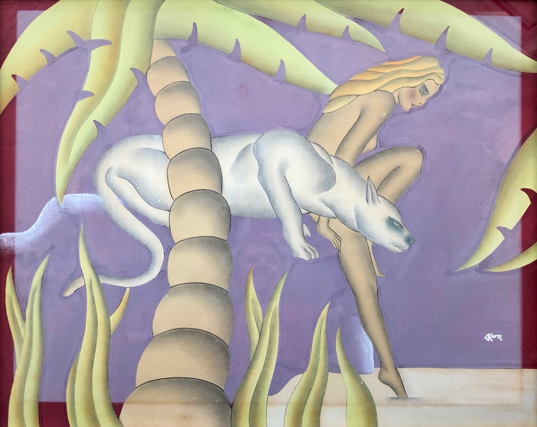 GUSTAVE KAITZ (1913-1992, Brooklyn NY) Art Deco: Watercolor on paper 30 x 24 in., 32 1/2 x 26 1/2 in. The following is his biography from gustavekaitz.com: "The singular art of Gustave Kaitz may be described as a highly stylized wellspring of illusi