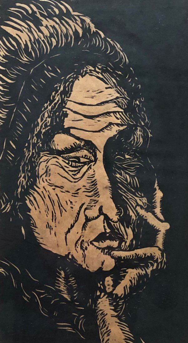 Expressionist Portrait, Woodblock Print Unknown Artist (1 of 3)