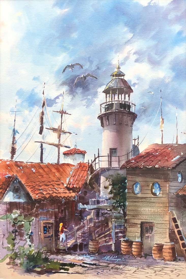 LAVERE HUTCHINGS (1918-1998, California) Santa Monica: Signed and dated 1971. Watercolor on paper 30 x 20 in., 38 x 28 in. From askart.com: LaVere Hutchings had a degree in art, and during WWII taught art in Manilla PI as a soldier in the US ARMY. He ceas