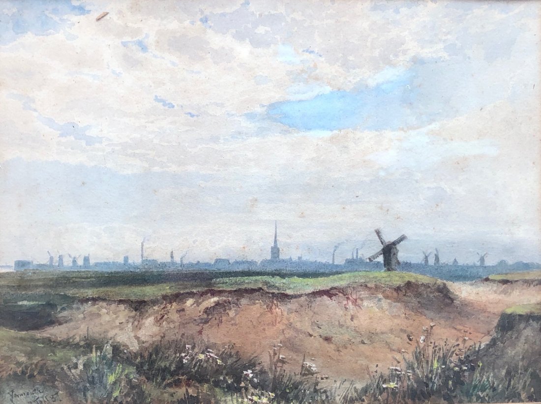 PETER TOFFT (1825-1901, California) Yarmouth Windmills: Yarmouth Windmill, Massachusetts. Watercolor on paper 12 3/4 x 9 1/4 in., 20 3/4 x 17 3/4 in. (framed). The following, submitted October 2005, is from Kristine Cummins, who wrote the article for her l