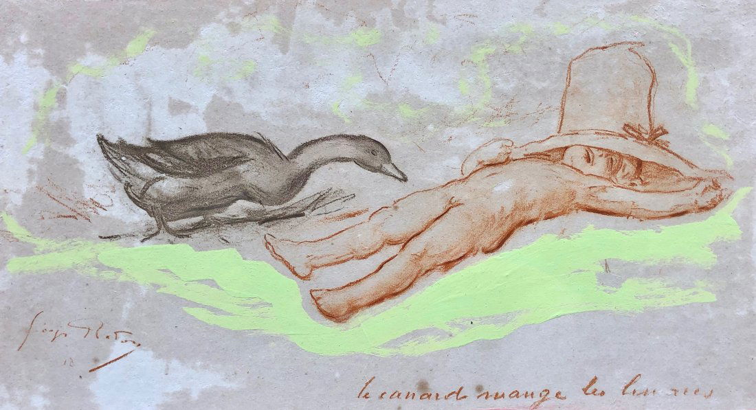 French Drawing Of Boy & Duck, Illegible Signature (1 of 5)