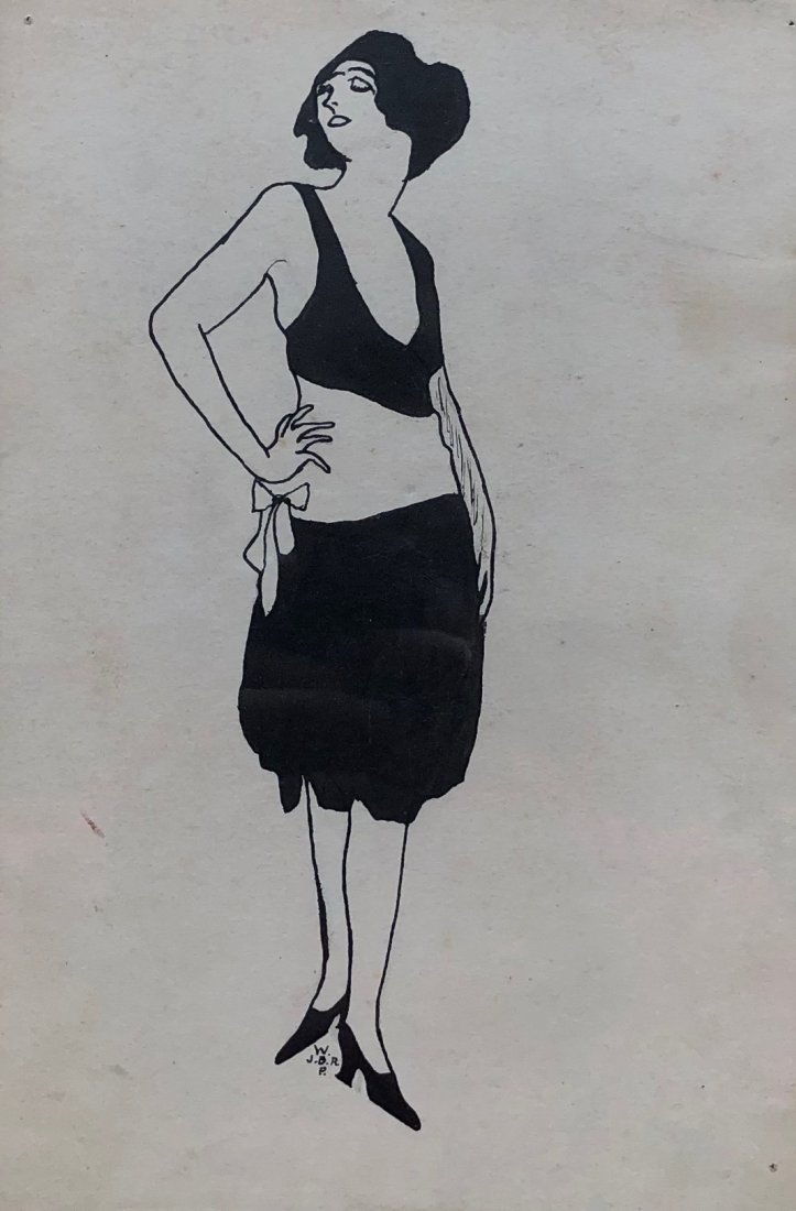 Art Deco Ink Drawing Of A Woman, Monogrammed (1 of 4)