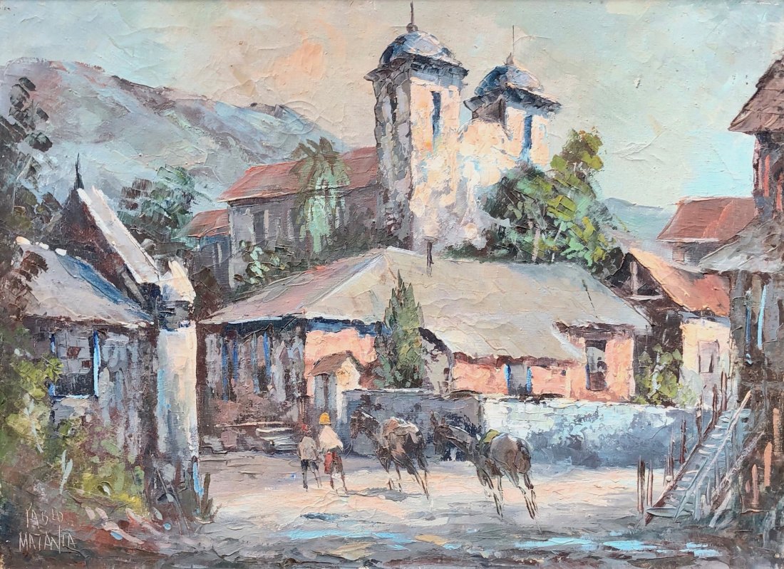 PABLO MATANIA (20th c, Brazil) Village Scene: Oil on canvas 29 x 21 1/2 in., 31 x 23 in. (framed)