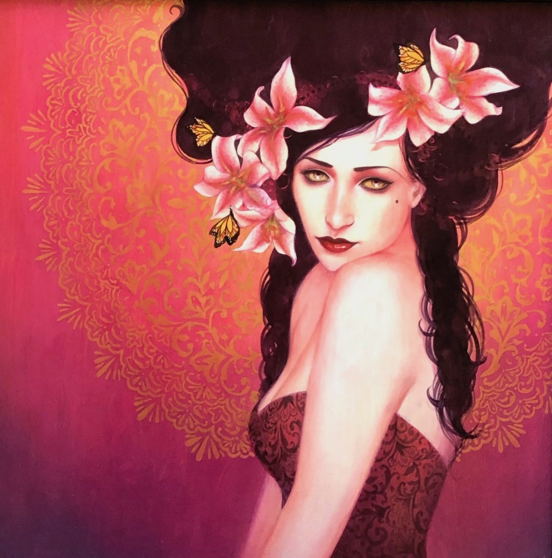 SYLVIA JI (b. 1921, American) Lilac Lilly: Acrylic on wood panel. (Heavy). 24 x 24 in., 36 1/2 x 36 1/2 in. (framed).