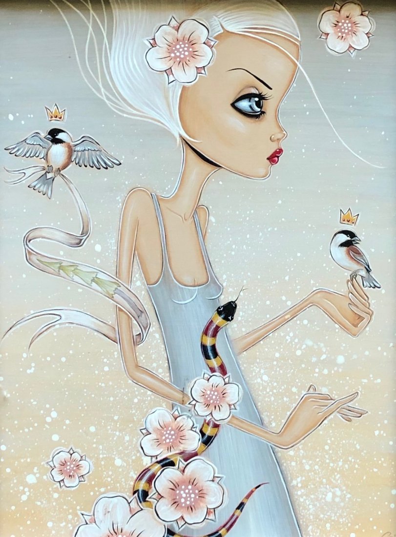 CAIA LOOPMAN (20th c, Santa Cruz, CA) Surrealist: Pop surrealist. Oil on board 9 x 12 in., 18 3/4 x 15 3/4 in. (framed).