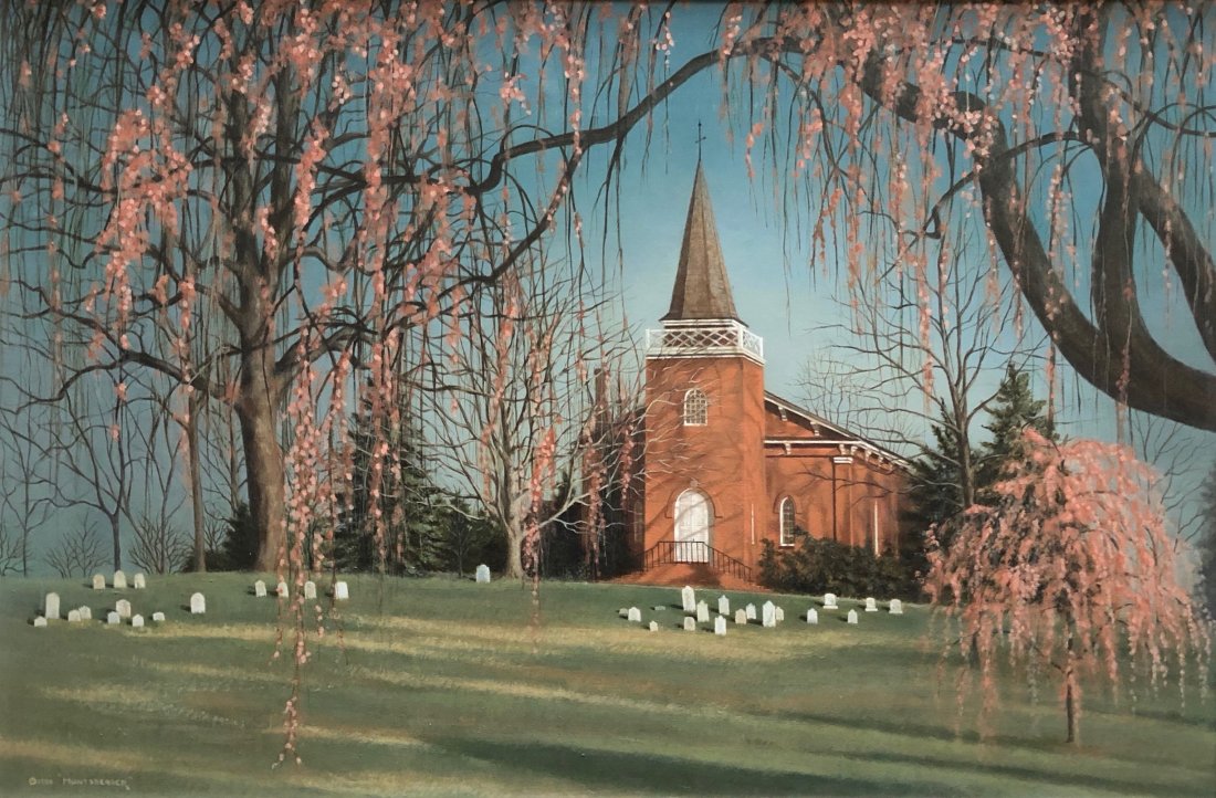 JAMES R. HUNTSBERGER (20th c, American) Brandywine: "Blossom Time" Oil on canvas 36 x 24 in., 40 1/2 x 28 1/2 in. (framed). the following is his biography from art-hunt.com: James R. Huntsberger of Wilmington, Delaware, has painted in oils since 1946. 