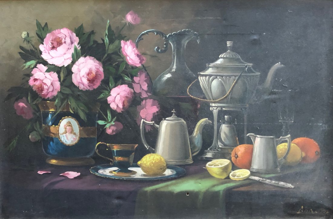 Early 20th Century Still Life, Illegible Signature: Oil on canvas 36 x 24 in., 43 1/2 x 31 1/2 in. (framed)