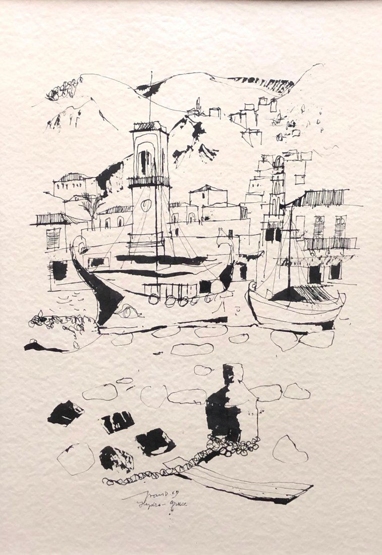 Modernist Ink Drawing Hydra, Greece Illegible Signature (1 of 4)