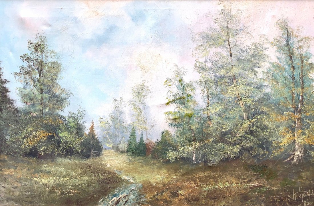 Impressionist Forest Landscape, Illegible Signature: Oil on canvas 36 x 24 in., 41 1/2 x 29 1/2 in. (framed).