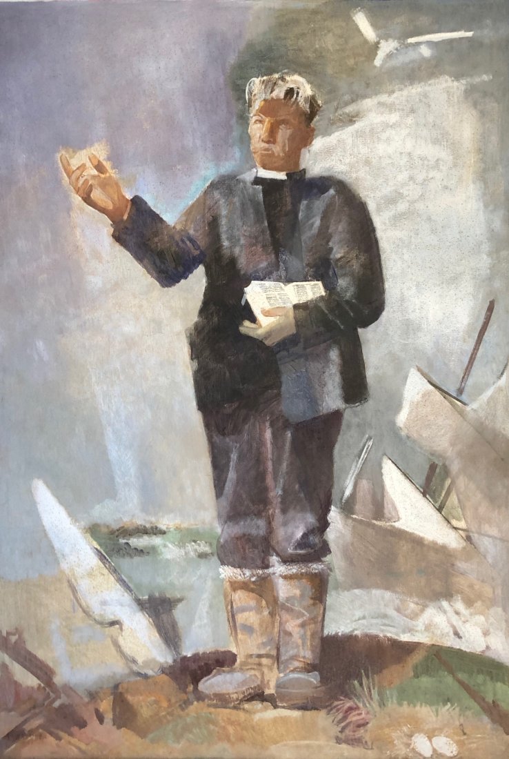 GEORGE MATTHEWS HARDING (1882-1959, Philadelphia): The Preacher. Oil on board 50 x 35 in., 58 x 43 in. (framed). From askart.com:George Matthews Harding was born in Philadelphia, where his choice of careers was influenced by his older sister Charlotte