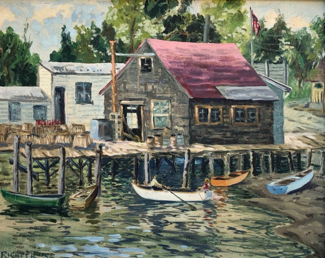 Impressionist Harbor Scene, Signed Richter 1954 (1 of 5)