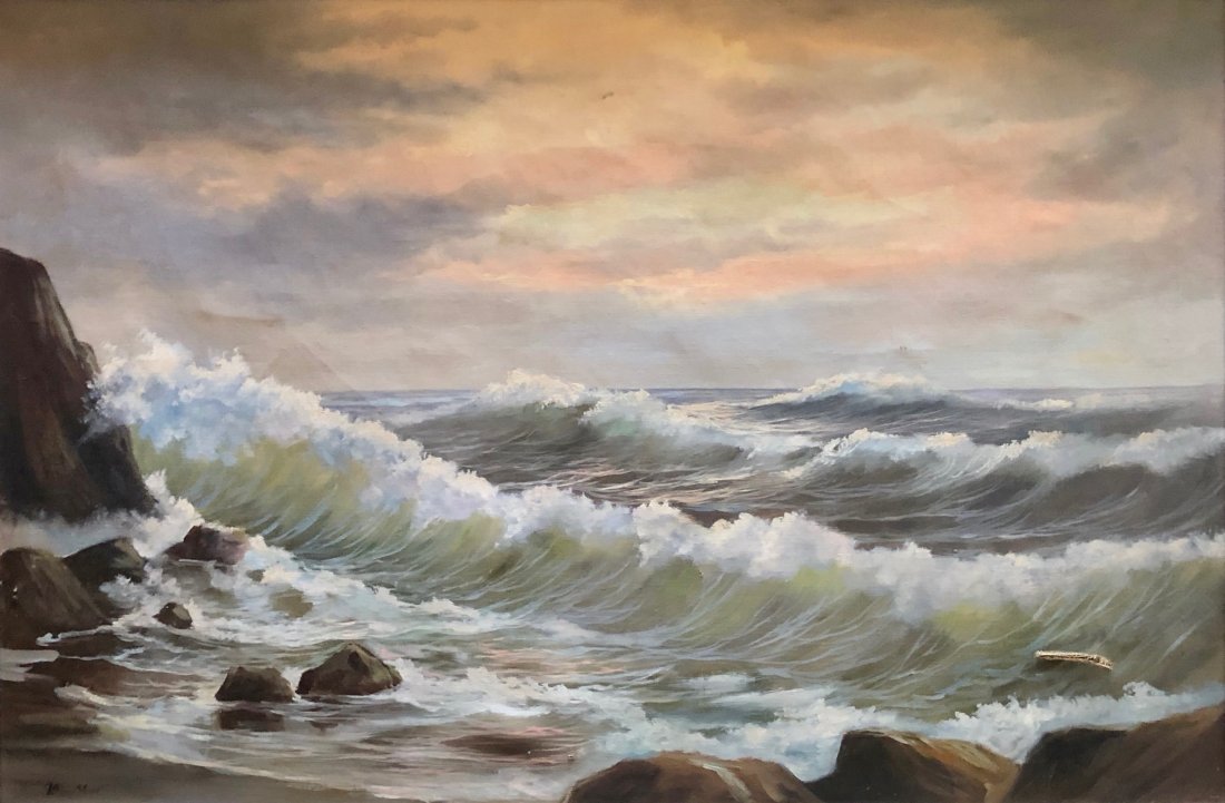 Impressionist Seascape Of Waves Crashing, Signed: Illegible signature. Oil on canvas 36 x 24 in., 43 x 37 1/2 in. (framed).