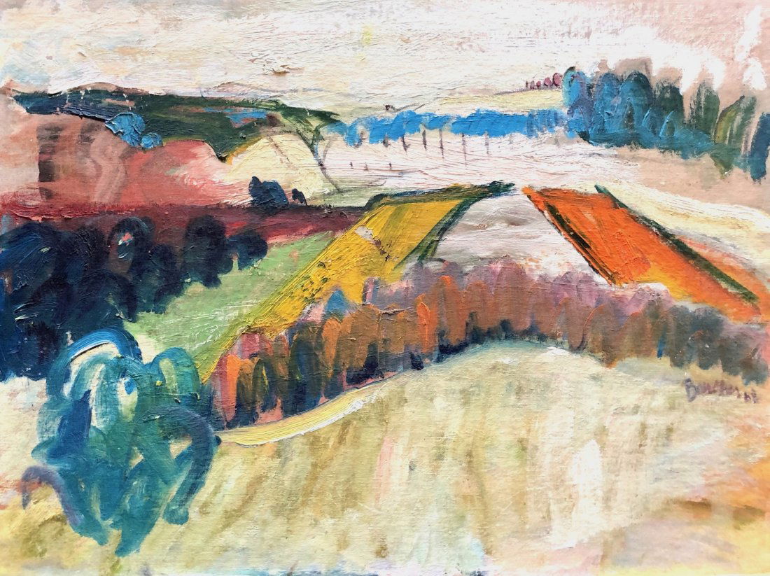 TANIA BOUCHER (1927-2006, Wilmington, DE) Modernist: Oil on canvas board 24 x 18 in. She the biographer of artist Tom Bostelle (previous lot). These both come from the same estate. The following is her obituary: Born on February 17, 1927, she was a daug