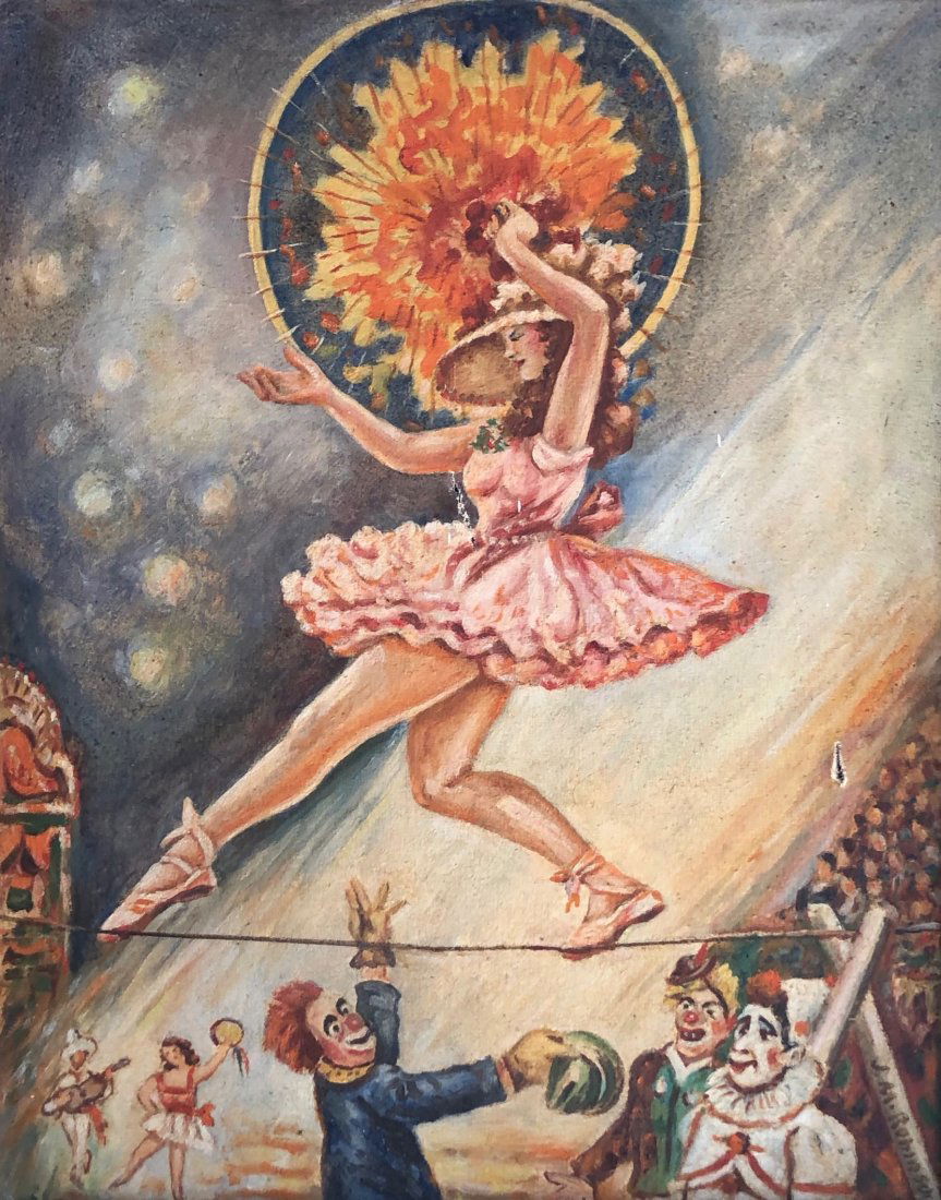 WPA Circus Scene, Woman Walking Tight Rope, Signed (1 of 4)
