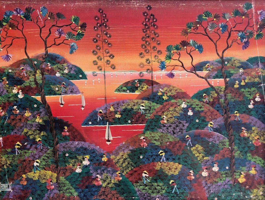 Early Naive Haitian Painting, Landscape, Signed: Oil on canvas 35 1/2 x 27 in., 37 1/2 x 29 in. (framed).