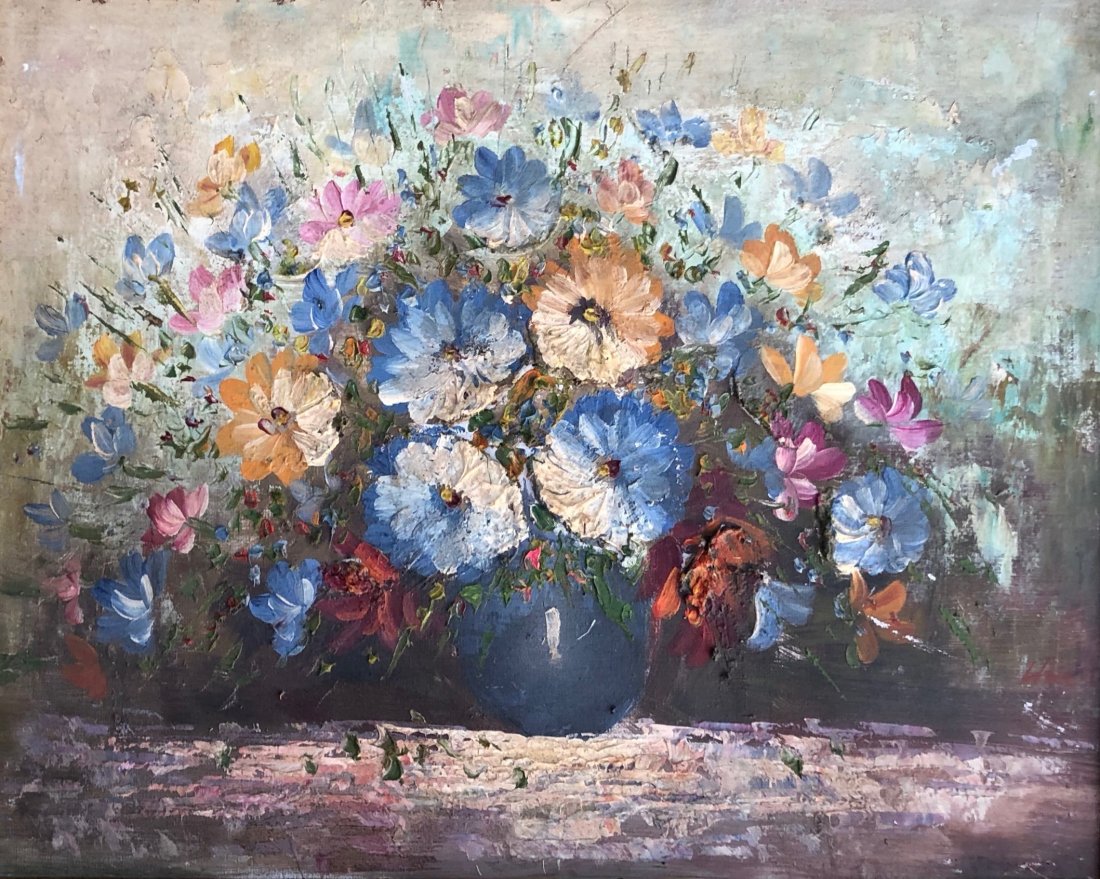 20th Century Still Life Of Flowers Illegible Signature: Oil on canvas 20 x 16 in., 24 1/4 x 20 1/4 in.