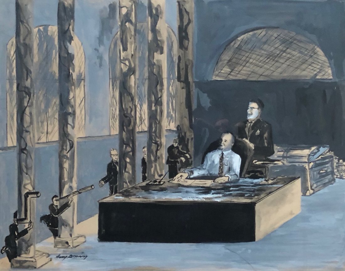 "Spying On The Boss", Modernist Gouache, Signed: Possibly Sam Brown? Gouache o, and watercolor n paper 15 x 11 3/4 in. (image), 21 x 17 in. (framed). Great office satire, would make a great gift for your boss!