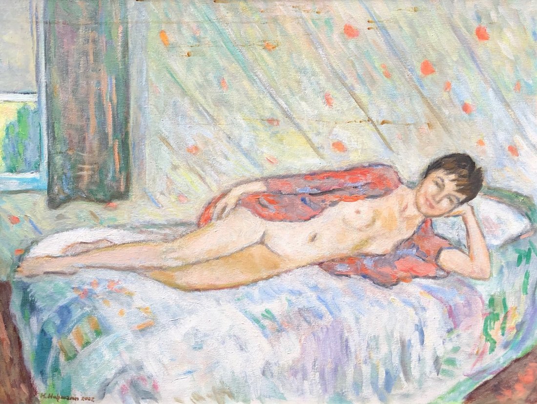 Modernist Reclining Nude, Signed Hopmann 2002: Oil on canvas 26 x 20 in.