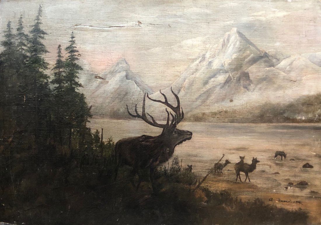 Antique American Western Mountain Landscape Of Elk (1 of 5)