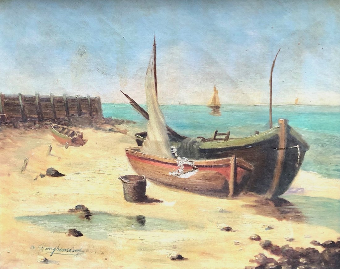 19th c Impressionist Marine Scene, Illegible Signature: Oil on canvas 16 x 13 in., 19 3/4 x 16 3/4 in. (framed)