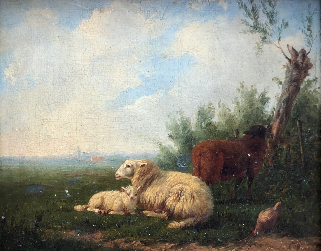 LAURENS PLAS (1828-1893, Dutch) Animals In Landscape: Oil on wood 10 x 8 1/4 in., 13 x 11 in. (framed). From askart.com: Louwerencius Plas the Younger or Lourentius Plas II, Dutch flora, landscape and decorative painter, draftsman and caricaturist (1828 
