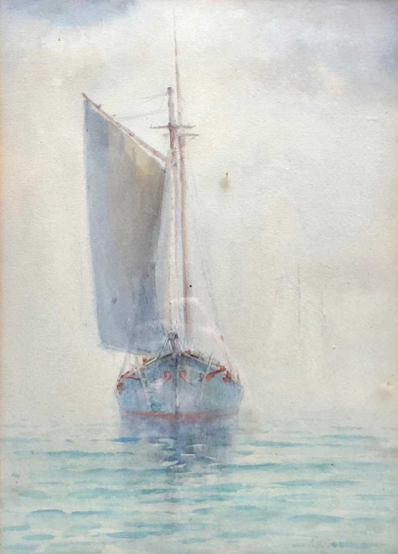 JOHN ALFRED COOK (1870-1936, Massachusetts) Watercolor: Marine painting. Watercolor on paper 14 3/4 x 11 3/4 in. (sight), 22 x 18 1/2 in. (framed). From askart.com: Cook, John Alfred (1870-1936)Cook, John Alfred, oils and water colors; born in Gloucester, 