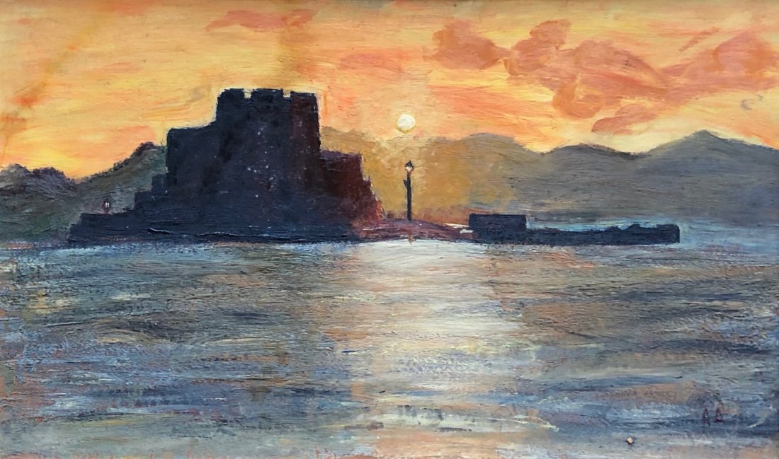 Monogrammed Impressionist Greek Habor Scene Gallery Tag: Greek gallery tag on the back. Oil on masonite. Monogrammed AD. 17 x 11 in., 22 x 15 in. (framed).