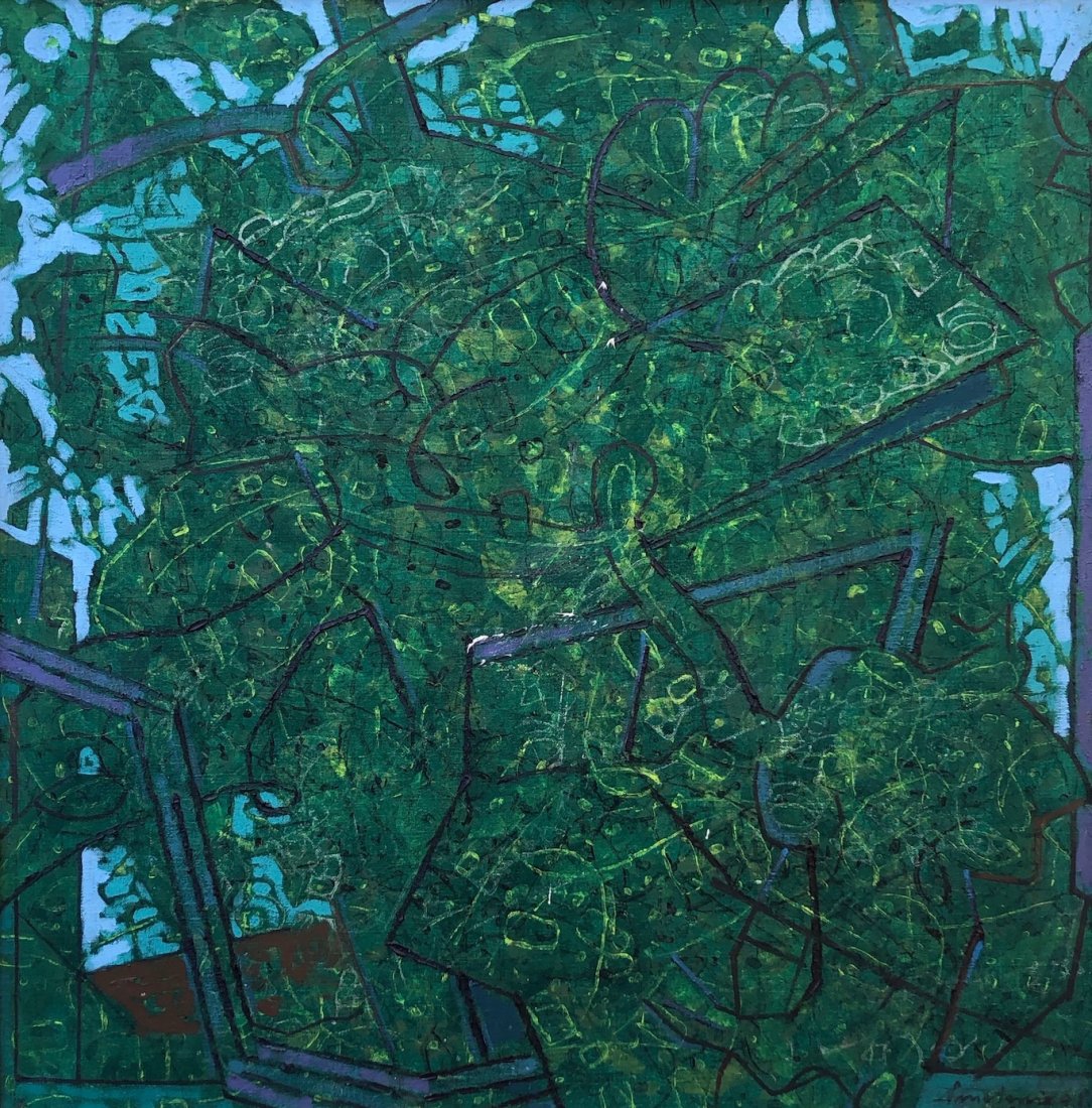 JAN SMETANA (1918-1998, Czech) Stromy 1968: Modernist abstract. Oil on canvas 28 x 28 in., 30 1/2 x 30 1/2 in. (framed).